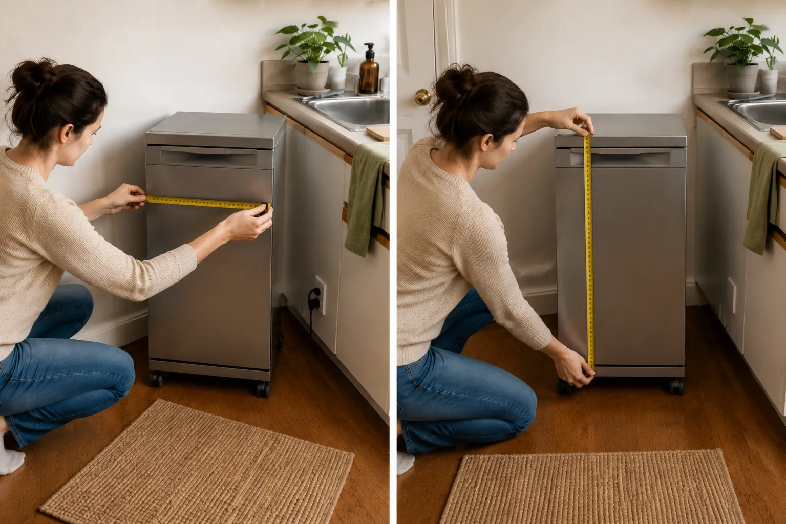Measuring the width, depth, open-door zone, walking path, and storage space for an 18-inch portable dishwasher in a narrow apartment kitchen.