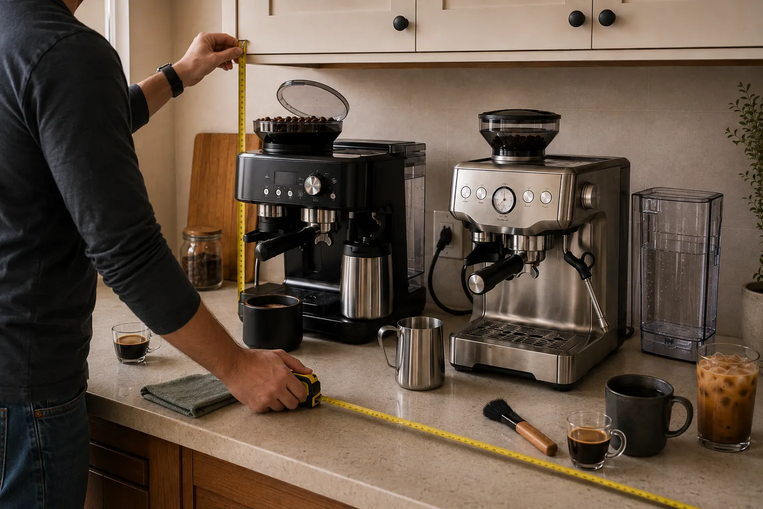 Adult renter measuring counter depth, bean-hopper clearance, water access, portafilter working space, milk area, and cleanup space for grinder-integrated espresso machines.