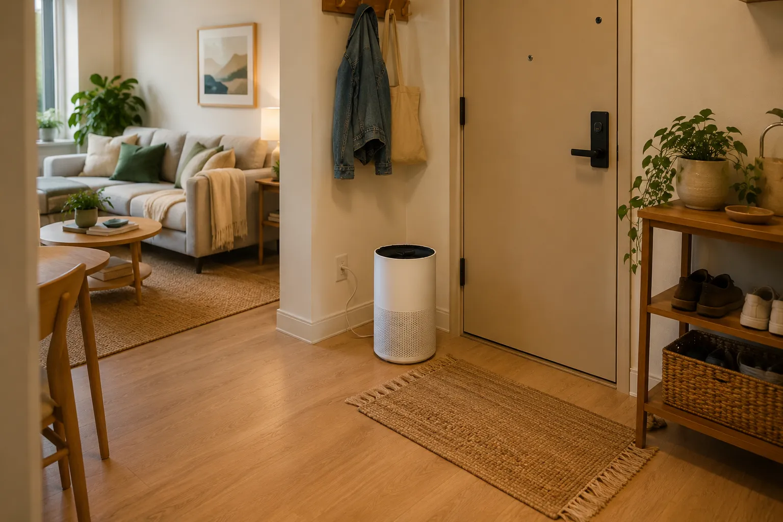 Apartment air purifier placed near a shared wall or entry point to help reduce drifting neighbor smoke particles.