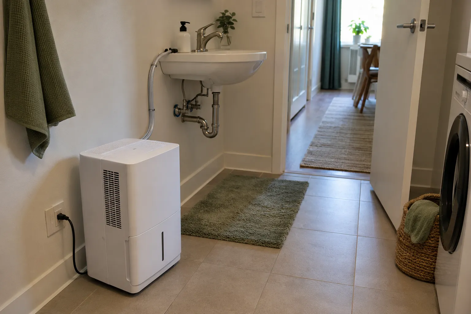 Pump-equipped dehumidifier draining through a securely routed hose to a nearby sink without crossing a doorway or walking path.