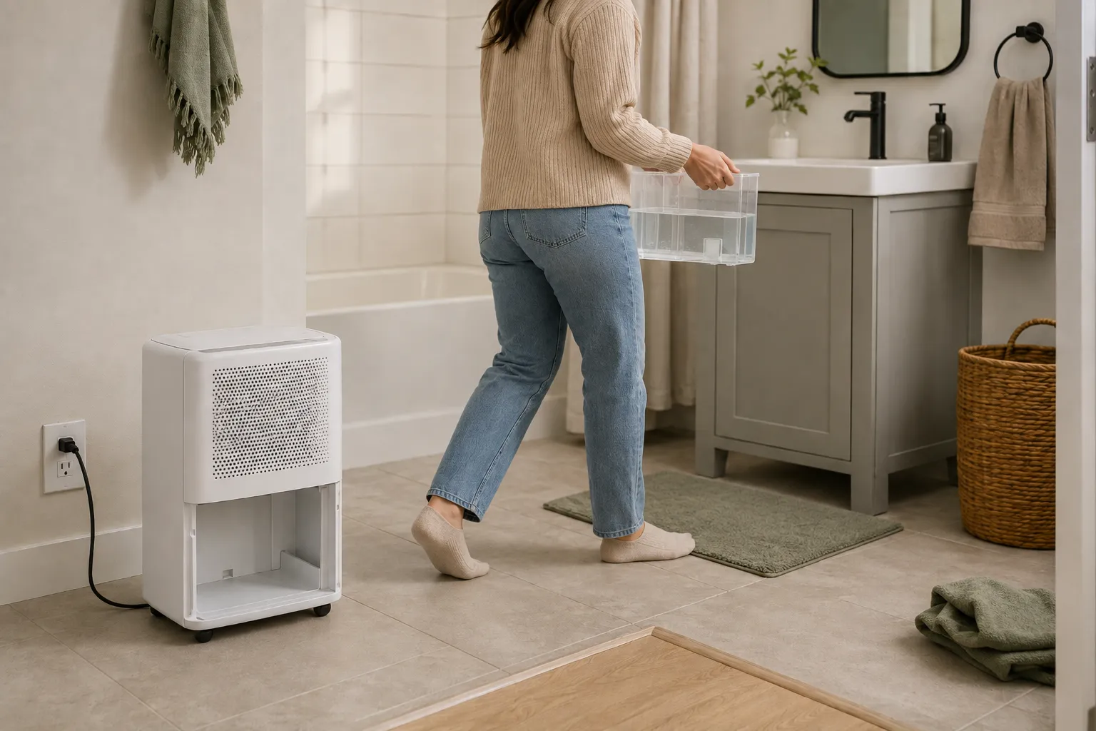 Adult renter carrying a removable dehumidifier water bucket along a clear apartment path to a nearby sink for manual emptying.