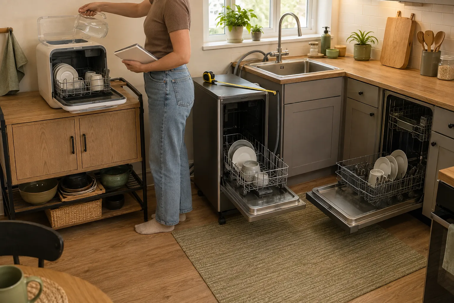 Adult renter comparing the open-door space, loading area, cabinet clearance, and movement paths of countertop, portable, and built-in dishwashers.