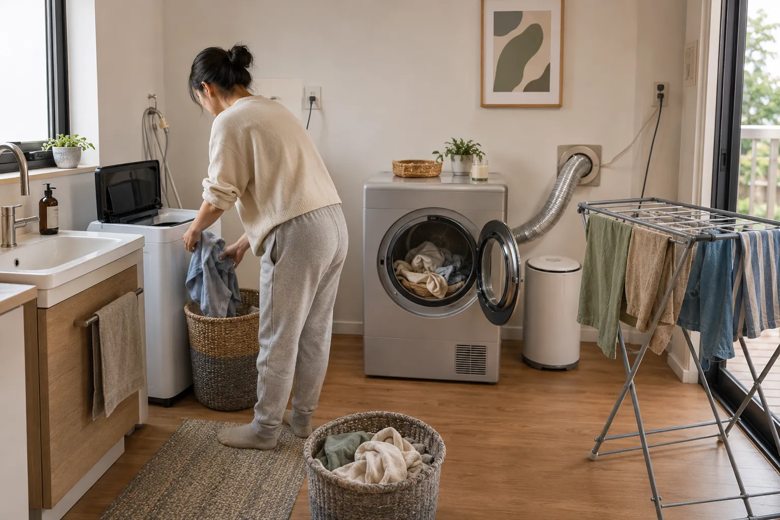 Small apartment laundry workflow with a portable washer, compact vented dryer, spin dryer, drying rack, baskets, safe outlets, and clear transfer space.
