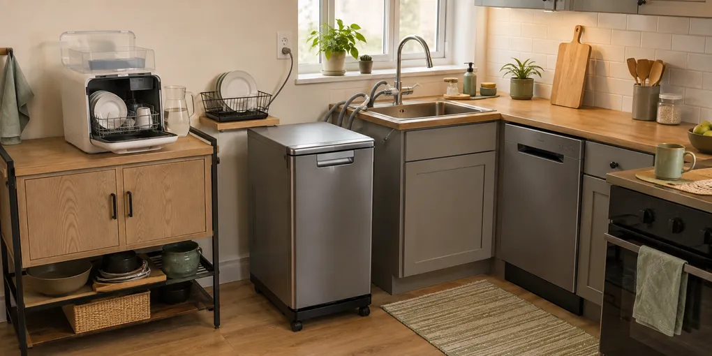 Countertop water-tank, 18-inch portable, and 18-inch built-in dishwashers shown in a compact apartment kitchen.
