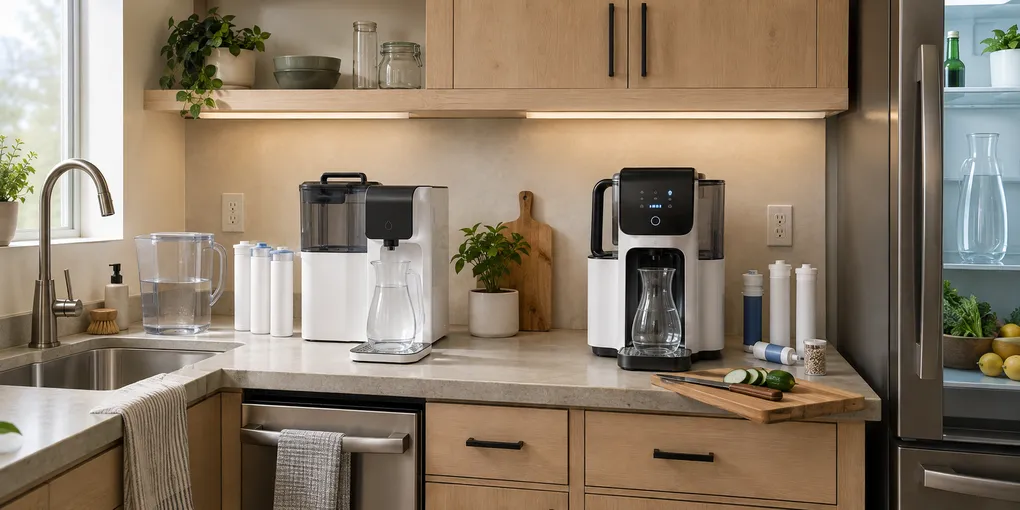 Two manual-fill countertop reverse-osmosis systems compared in a small apartment kitchen with removable source tanks, glass carafes, filters, faucet, and refrigerator.