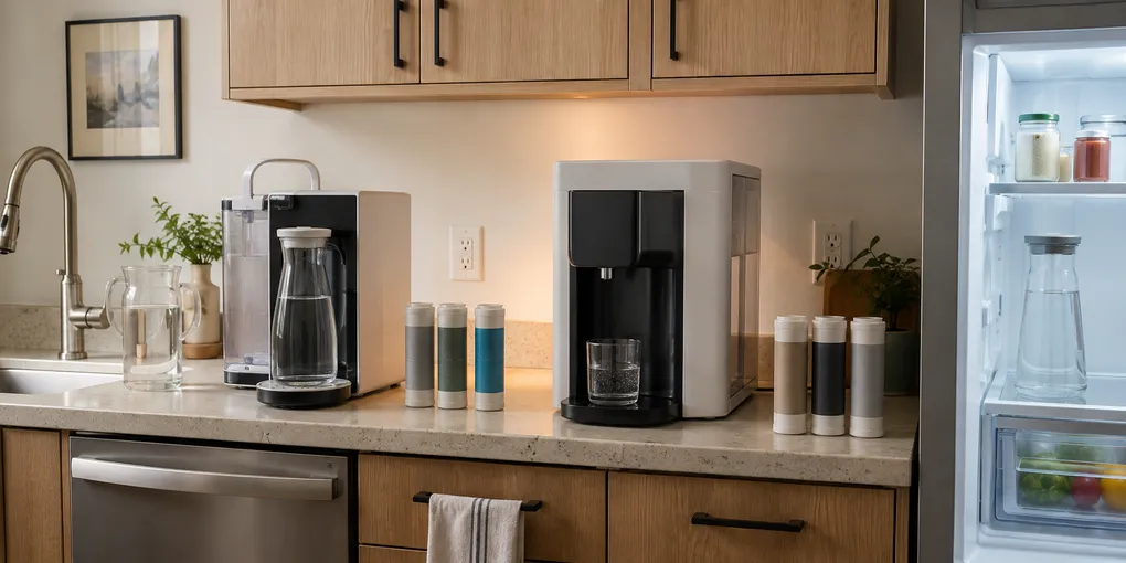 Two countertop reverse-osmosis workflows compared in a small apartment kitchen, with a removable glass-carafe system and a larger built-in water-storage dispenser.