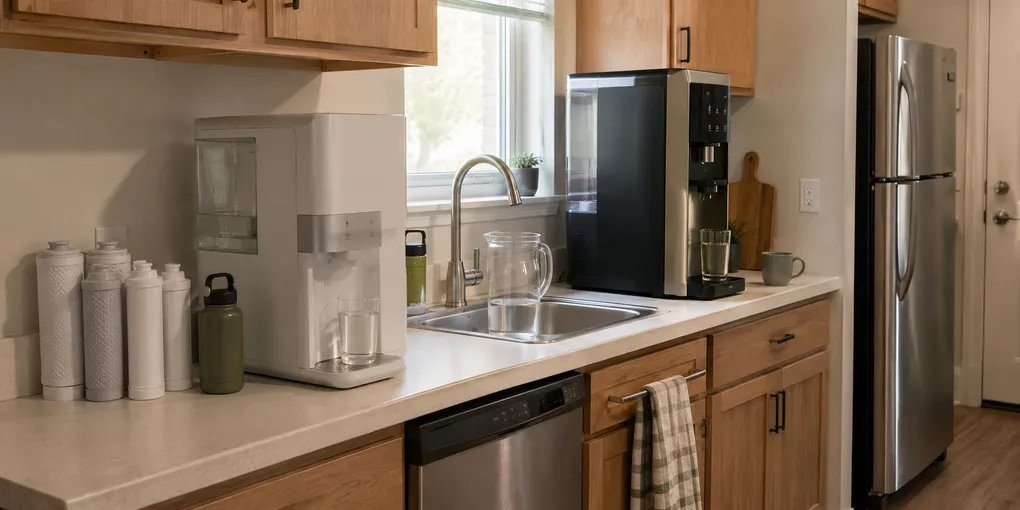 Tank-first countertop RO purifier and hot-and-cold RO beverage station compared in a small apartment kitchen with source tanks, drinking vessels, faucet, and limited counter space.