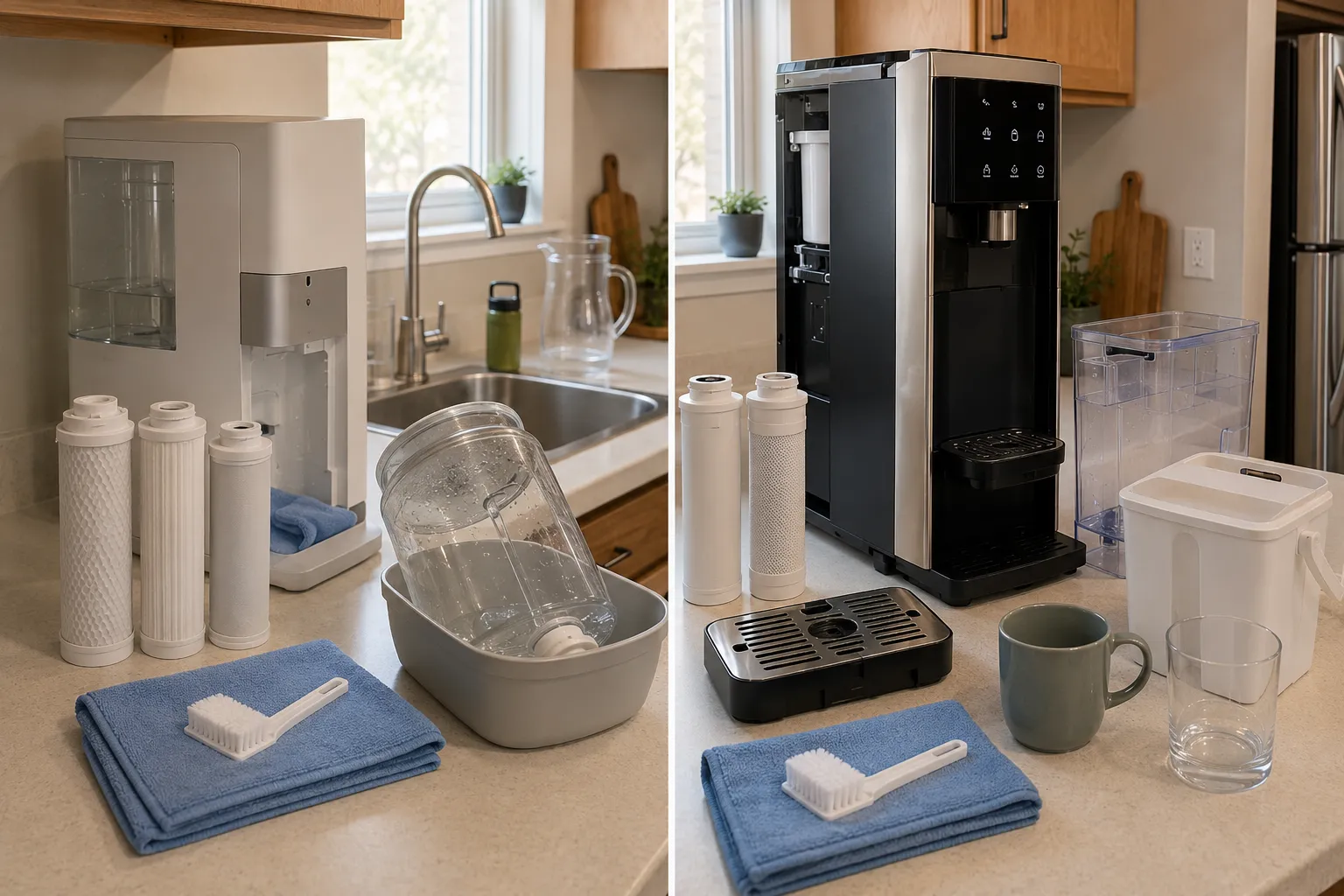 Two countertop RO maintenance setups comparing replacement filters, tank cleaning, wastewater handling, drip-tray care, monitoring, and cleaning tools.