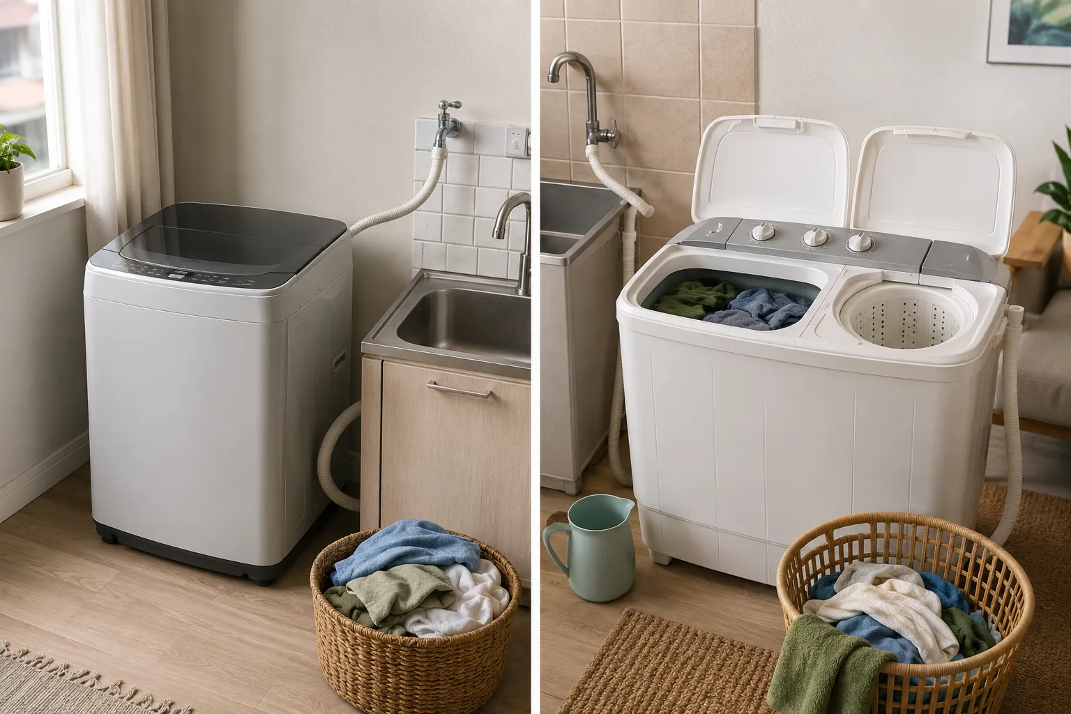 Side-by-side apartment laundry setups showing an automatic portable washer and a twin-tub washer with separate manual wash and spin compartments.