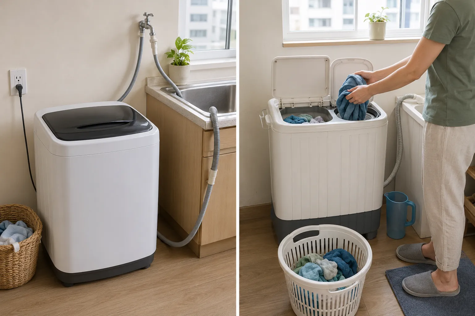 Compact automatic portable washer and manual twin-tub washer in a small apartment laundry area, with an adult transferring a small load of wet clothes to the spinner.