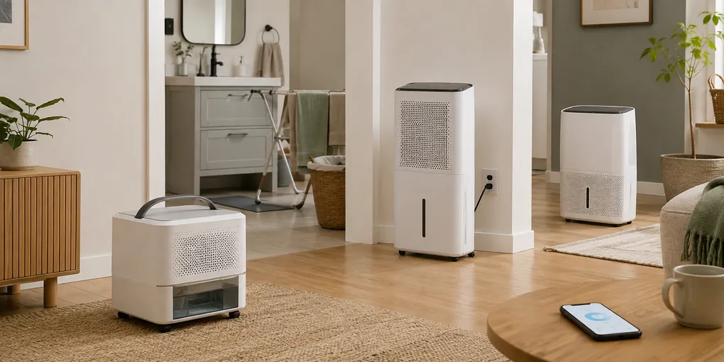 Three tank-first dehumidifier styles compared in a small apartment with compact storage, narrow placement, Wi-Fi monitoring, and a nearby sink for manual emptying.