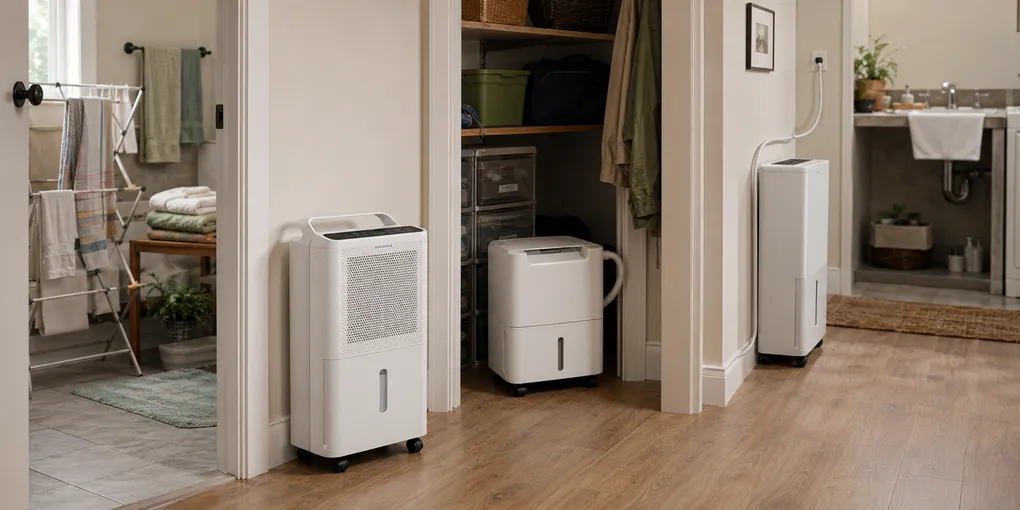 Three pump-equipped dehumidifier styles compared in a small apartment, including a storage-first cube, shallow upright model, and taller unit for a longer secure drain route.