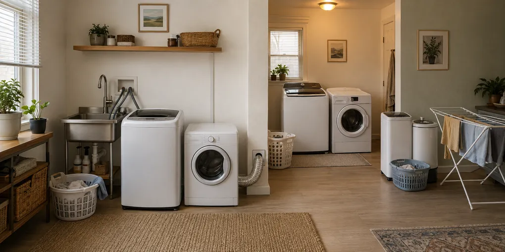 Three apartment laundry setups showing a compact washer and vented dryer pair, a larger portable pair, and a washer with spin dryer and drying rack.