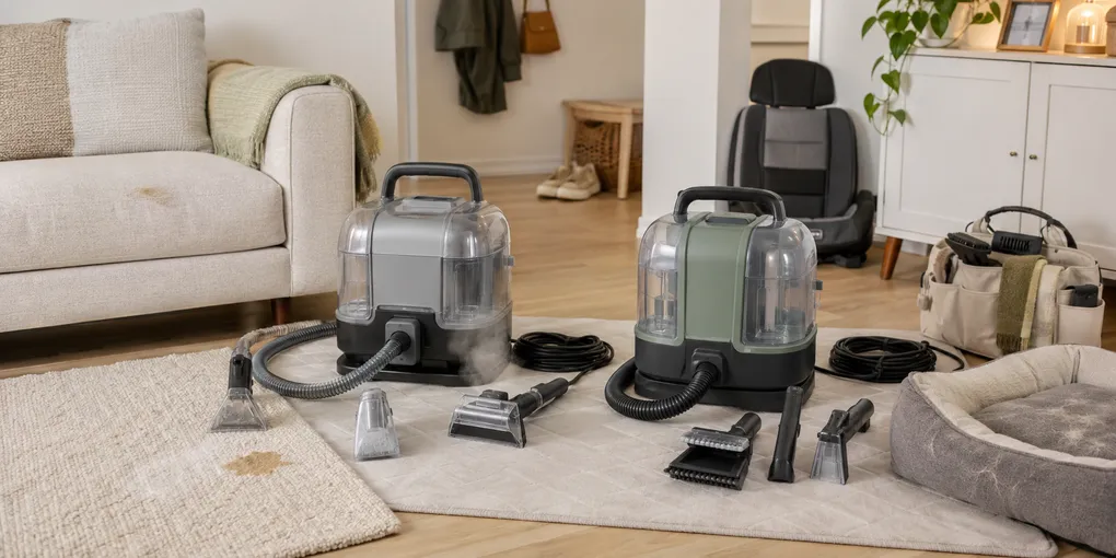 Steam-assisted and pet-focused portable spot cleaners compared in a small apartment with upholstery tools, pet-hair tool, crevice attachment, rug, sofa, and pet bed.