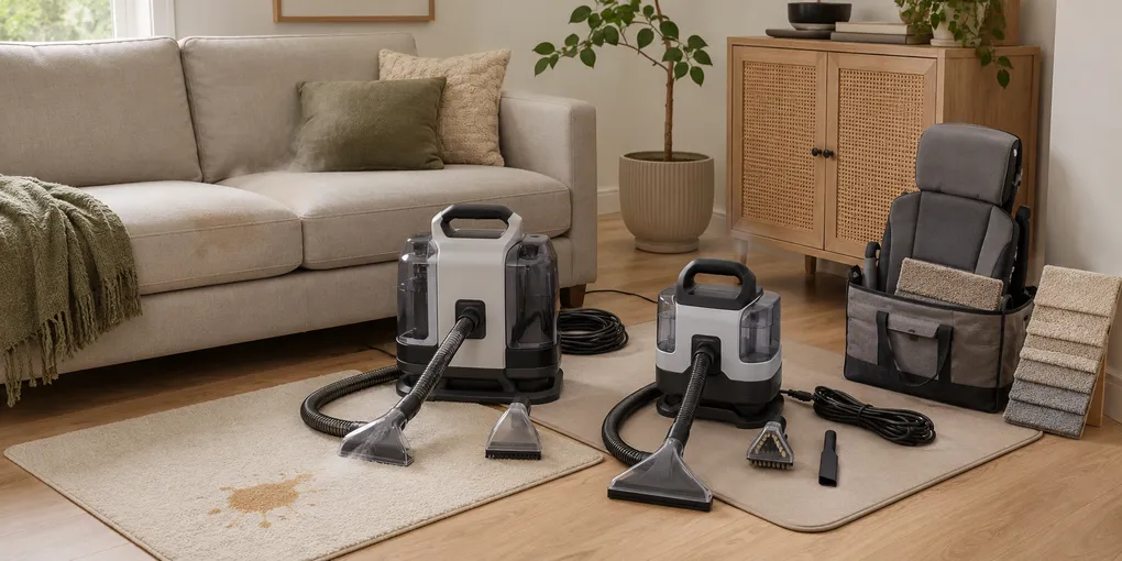 Steam-assisted and tool-focused portable spot cleaners compared in a small apartment with rug, sofa, upholstery tools, crevice attachment, and car-interior cleaning supplies.