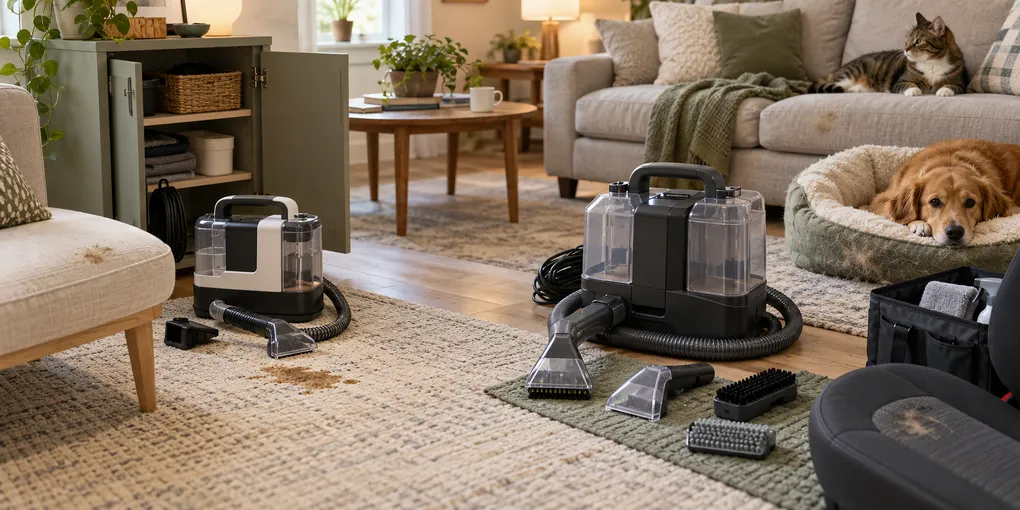 Storage-first portable spot cleaner and pet-focused portable cleaner compared in a small apartment with rug stains, sofa, pet bed, cleaning tools, and compact cabinet.
