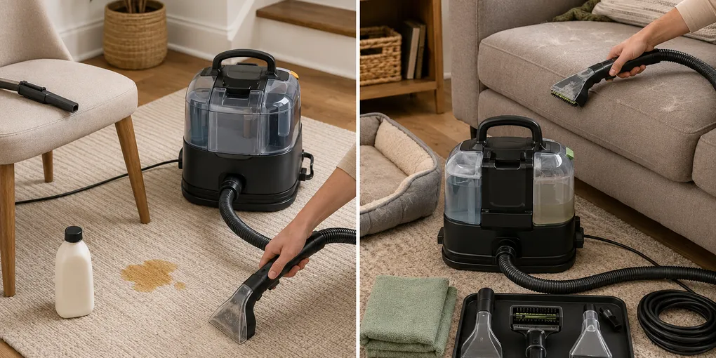 General-purpose and pet-focused portable spot cleaners compared in a small apartment living room with a rug stain, sofa cushion, pet bed, hoses, and cleaning tools.
