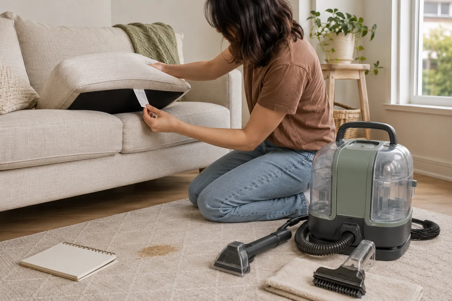 Adult renter checking an upholstery care tag before using a steam-capable portable spot cleaner on a sofa cushion.