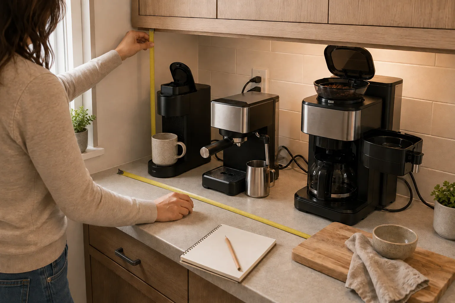 Adult renter measuring counter depth, cabinet clearance, reservoir access, portafilter space, and bean-hopper access for compact coffee makers.