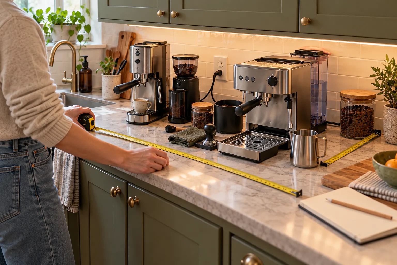 Adult renter measuring a compact espresso station with separate grinder, portafilter space, water-tank access, milk jug, grounds container, cleaning tools, and remaining kitchen counter space.
