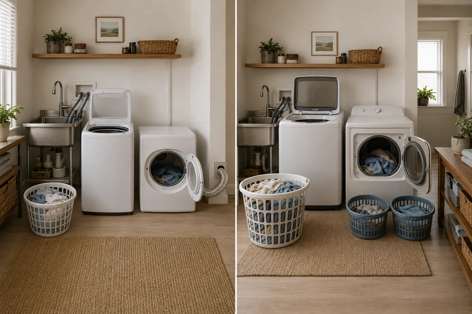 Compact and larger portable washer-dryer pairs compared in an apartment, showing different load sizes, door clearance, transfer space, and floor requirements.