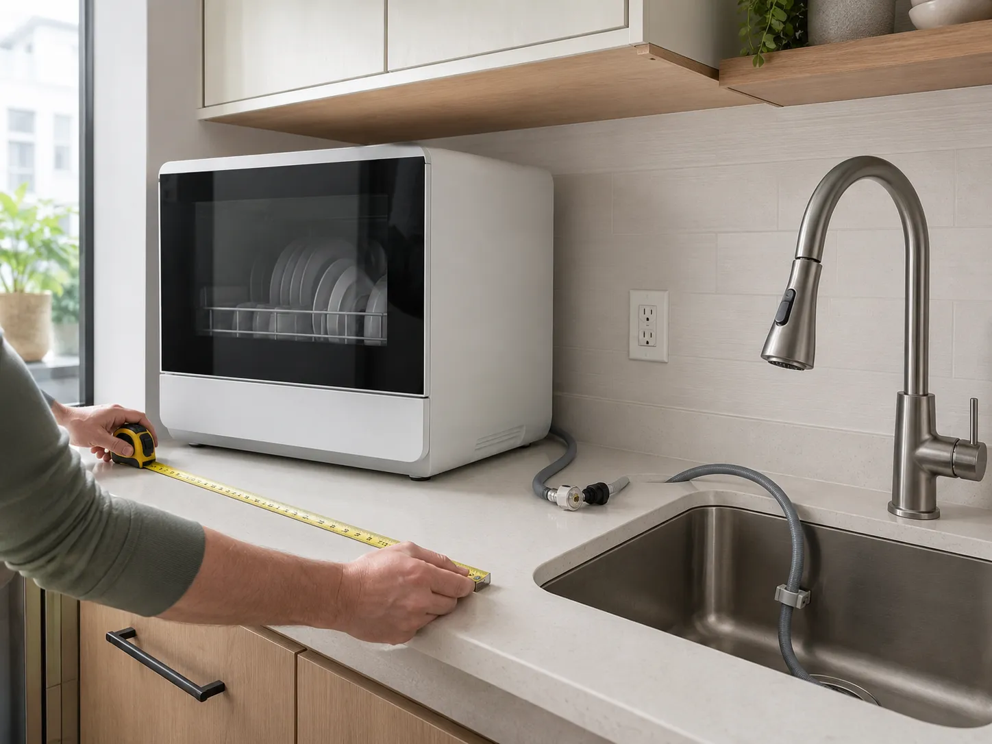 Hands measuring counter depth beside a countertop dishwasher, with a pull-down faucet, loose connector, and drain hose routed into the sink.