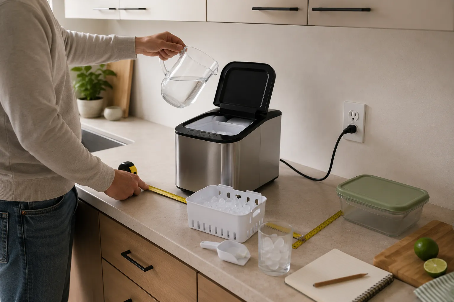Adult renter measuring counter depth, cabinet clearance, refill space, basket access, ventilation, and outlet placement for a countertop ice maker.