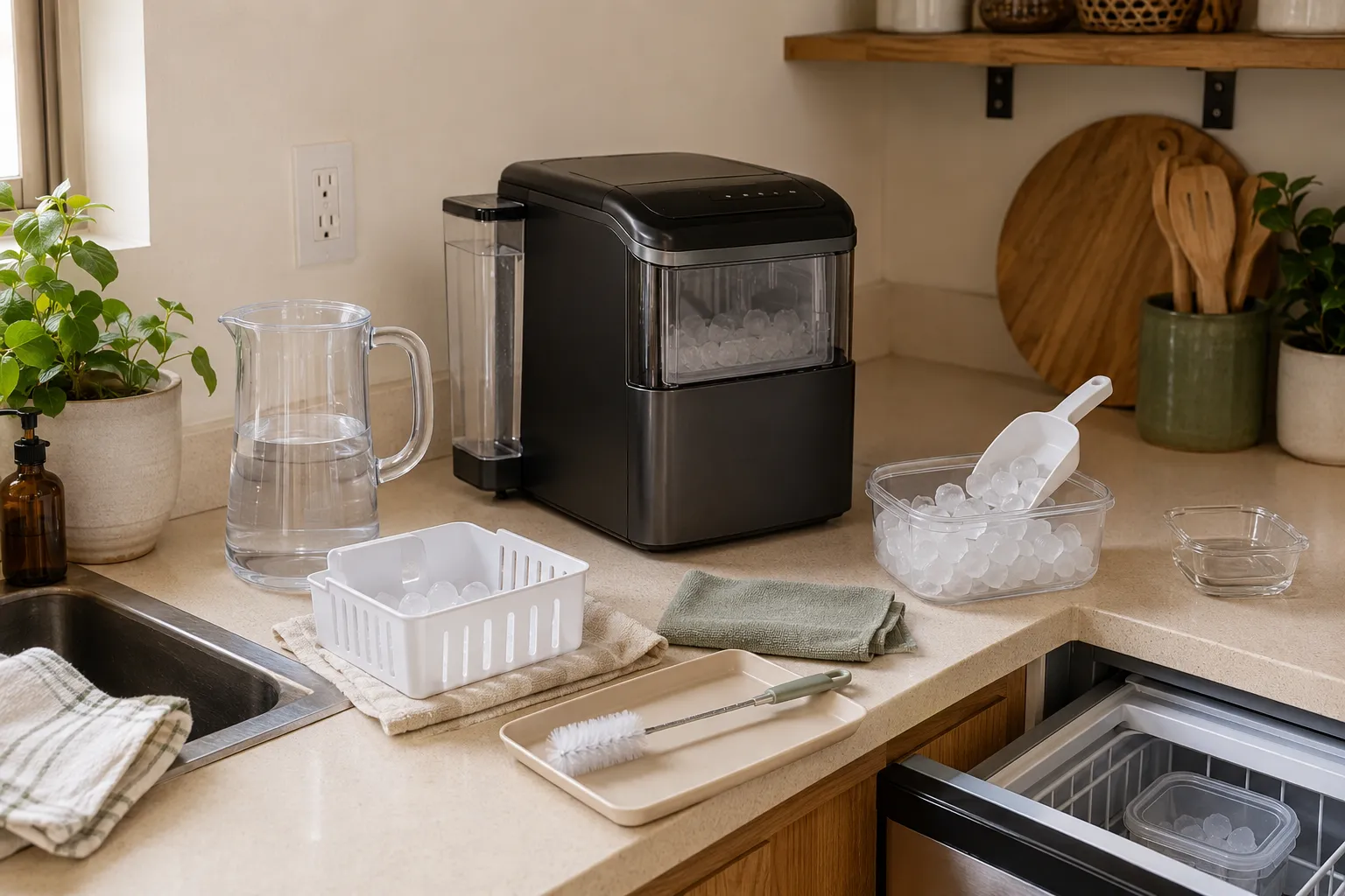 Countertop ice maker with a refill pitcher, removable basket, scoop, freezer container, microfiber cloth, and simple cleaning supplies.