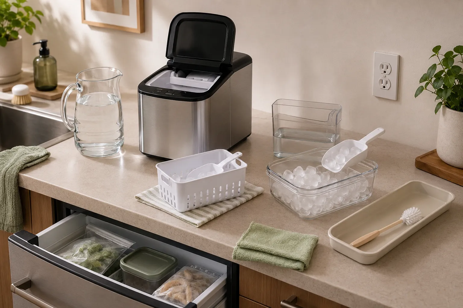 Countertop ice maker with a refill pitcher, removable ice basket, scoop, freezer container, water-emptying container, and simple cleaning tools.