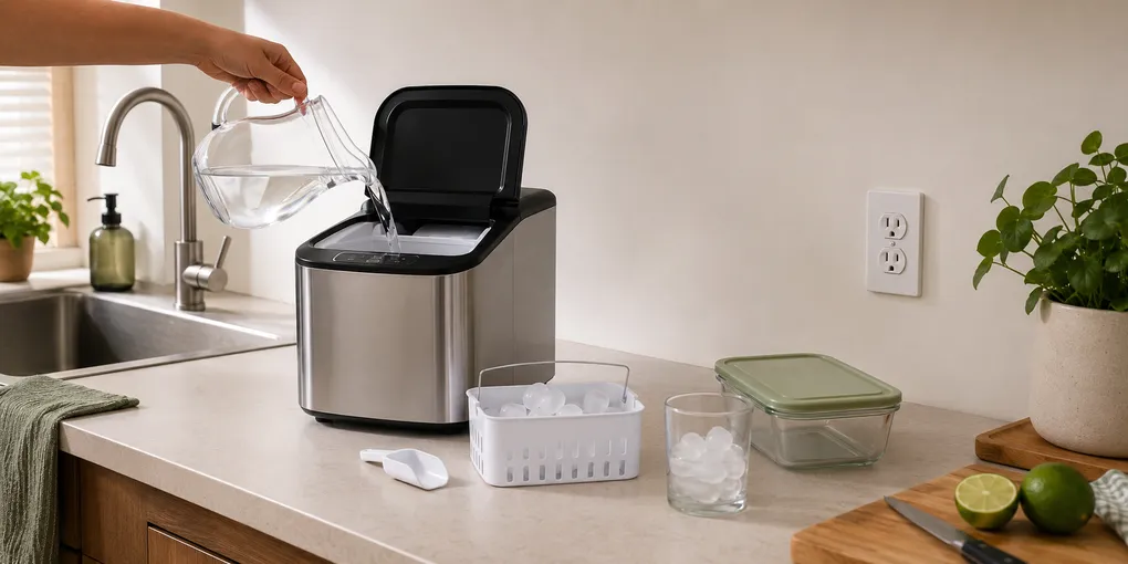 Adult hand manually filling a countertop ice maker reservoir with a pitcher in a small apartment kitchen with no permanent water-line connection.