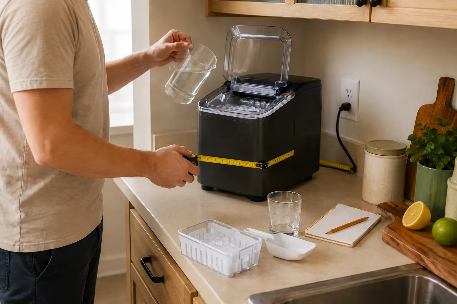 Adult renter measuring countertop depth, cabinet clearance, open-lid space, ventilation, and front workspace for an apartment ice maker.