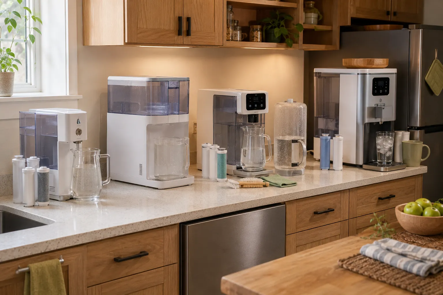 Four apartment countertop RO routines compared, including compact glass-carafe, larger tank, monitored carafe, and hot-and-cold dispensing systems.