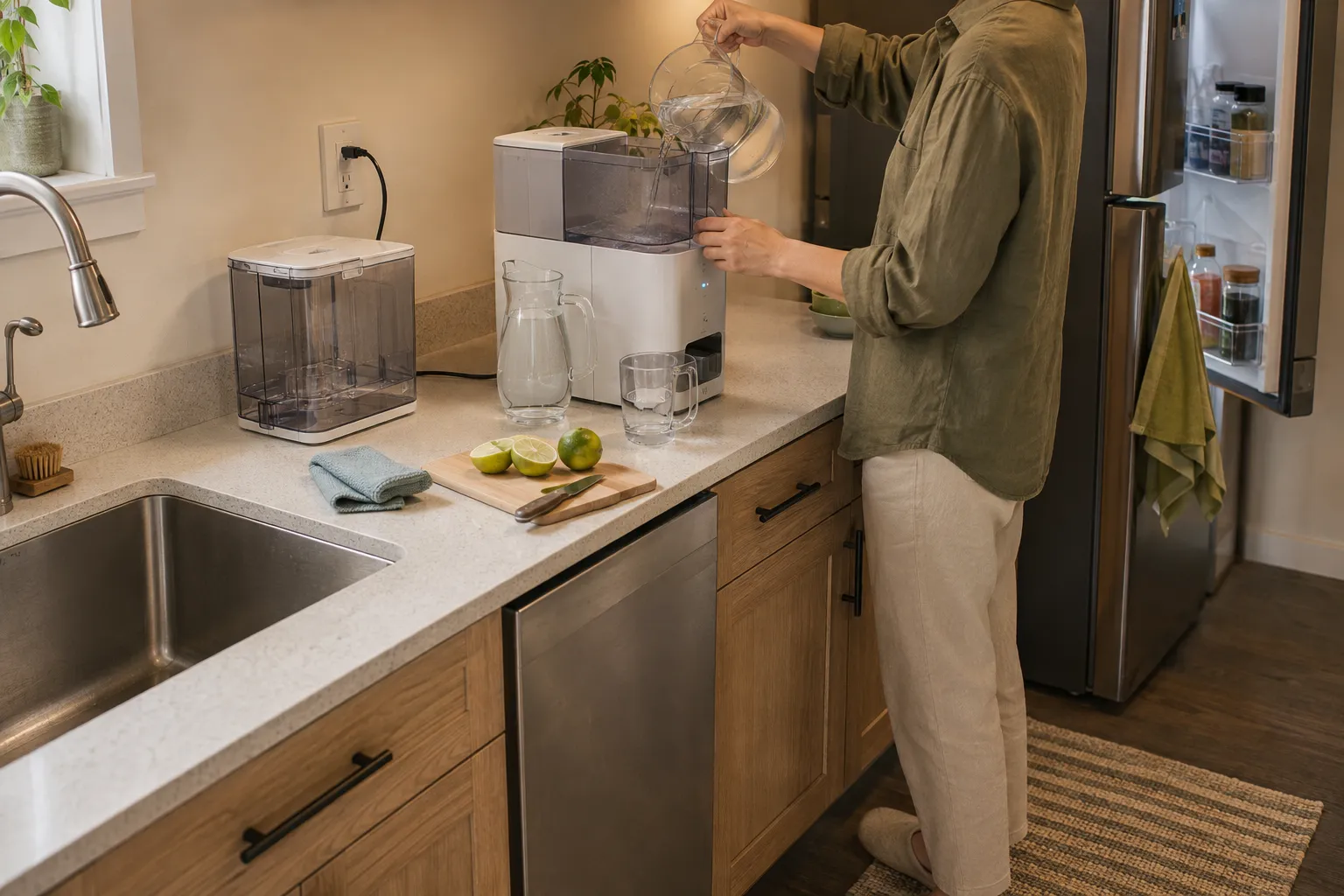 Adult renter filling a countertop reverse-osmosis source tank from a pitcher, collecting filtered water in a glass carafe, and moving it toward a refrigerator.