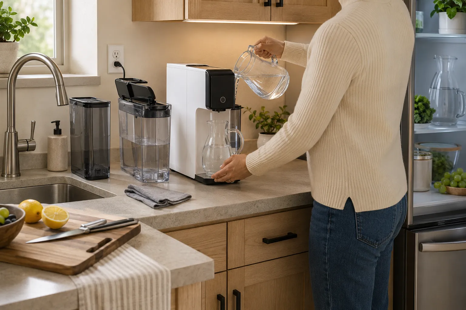 Adult renter filling a countertop reverse-osmosis source tank from a pitcher, using a glass carafe, and carrying filtered water toward a refrigerator in a small kitchen.