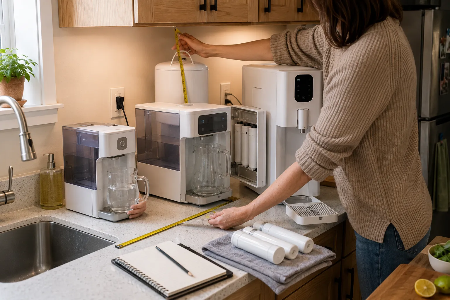 Adult renter checking counter depth, tank-removal clearance, carafe access, filter space, outlet reach, and cabinet clearance for countertop RO systems in a small kitchen.