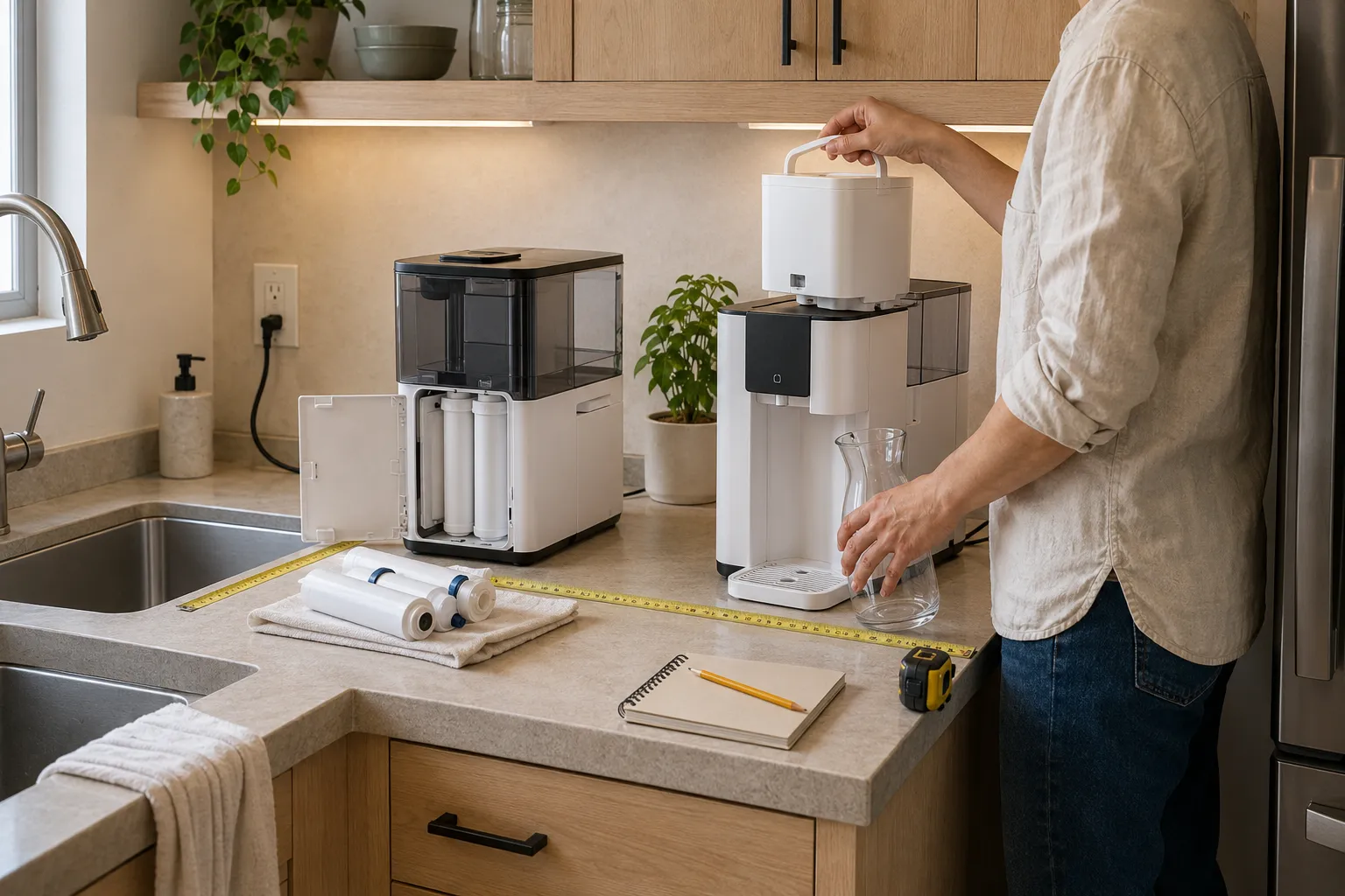 Adult renter measuring counter depth, upper-cabinet clearance, source-tank access, glass-carafe space, outlet reach, and filter-maintenance area for countertop RO systems.