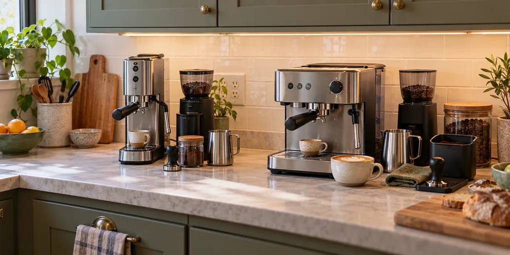 Two compact espresso-machine setups compared in a small apartment kitchen, with a narrow manual-steaming machine and a wider automatic-milk-texturing setup.
