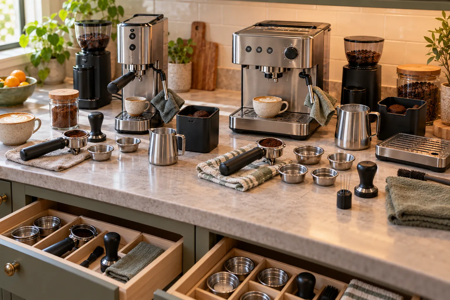 Compact espresso-machine accessories and cleanup compared with portafilters, coffee baskets, grinder, milk jug, grounds container, drip tray, and steam-wand care.