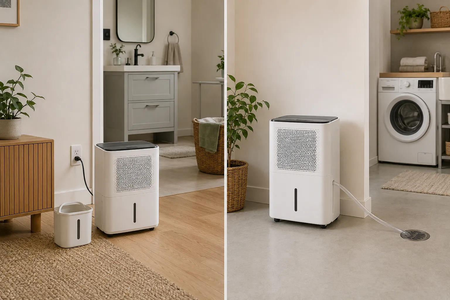 Side-by-side apartment dehumidifier setups showing manual water-tank emptying and a safe continuous hose route sloping down to a floor drain.