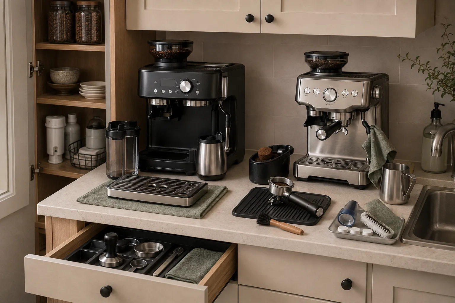 Small-apartment espresso cleanup setup with portafilter, milk jug, frothing vessel, drip tray, coffee grounds, cleaning brush, and compact accessory storage.