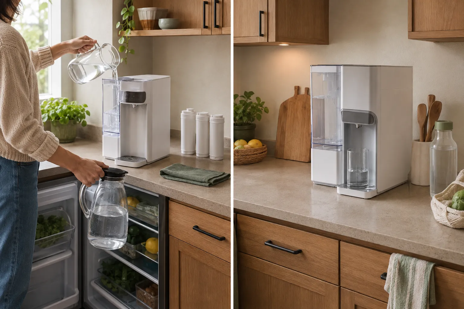 Side-by-side countertop RO routines showing filtered water moved in a removable glass carafe versus stored inside a larger machine and dispensed directly into a glass.