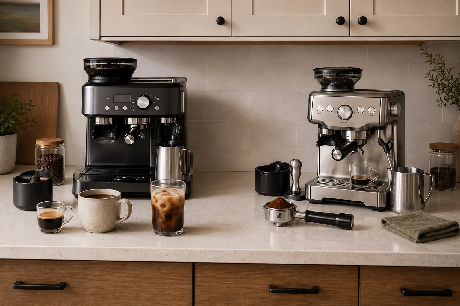 Side-by-side coffee routines comparing guided grinding, multiple drink formats, and automatic frothing with manual dosing, tamping, espresso extraction, and milk steaming.