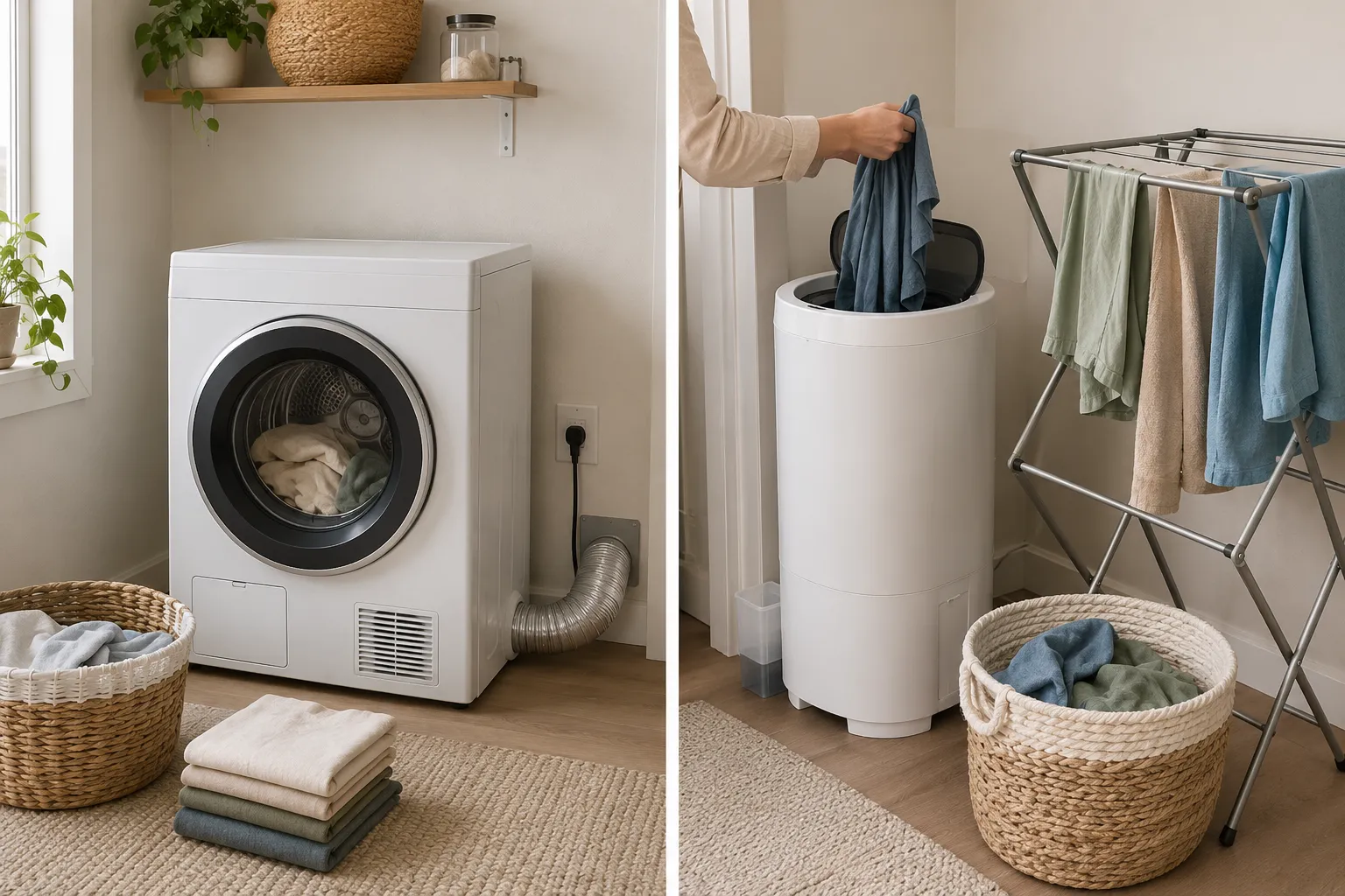 Side-by-side apartment laundry setups showing a vented heated dryer producing finished clothing and a spin dryer followed by rack drying.