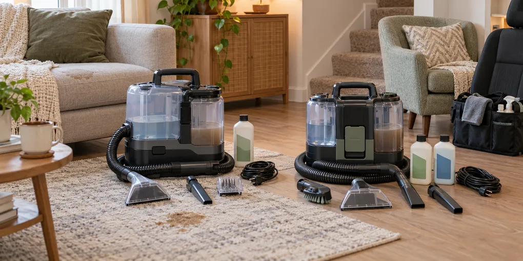 Two portable spot-cleaner workflows compared in a small apartment, with wide, tight-area, rinse, reversible, and crevice tools plus separate cleaning formulas.