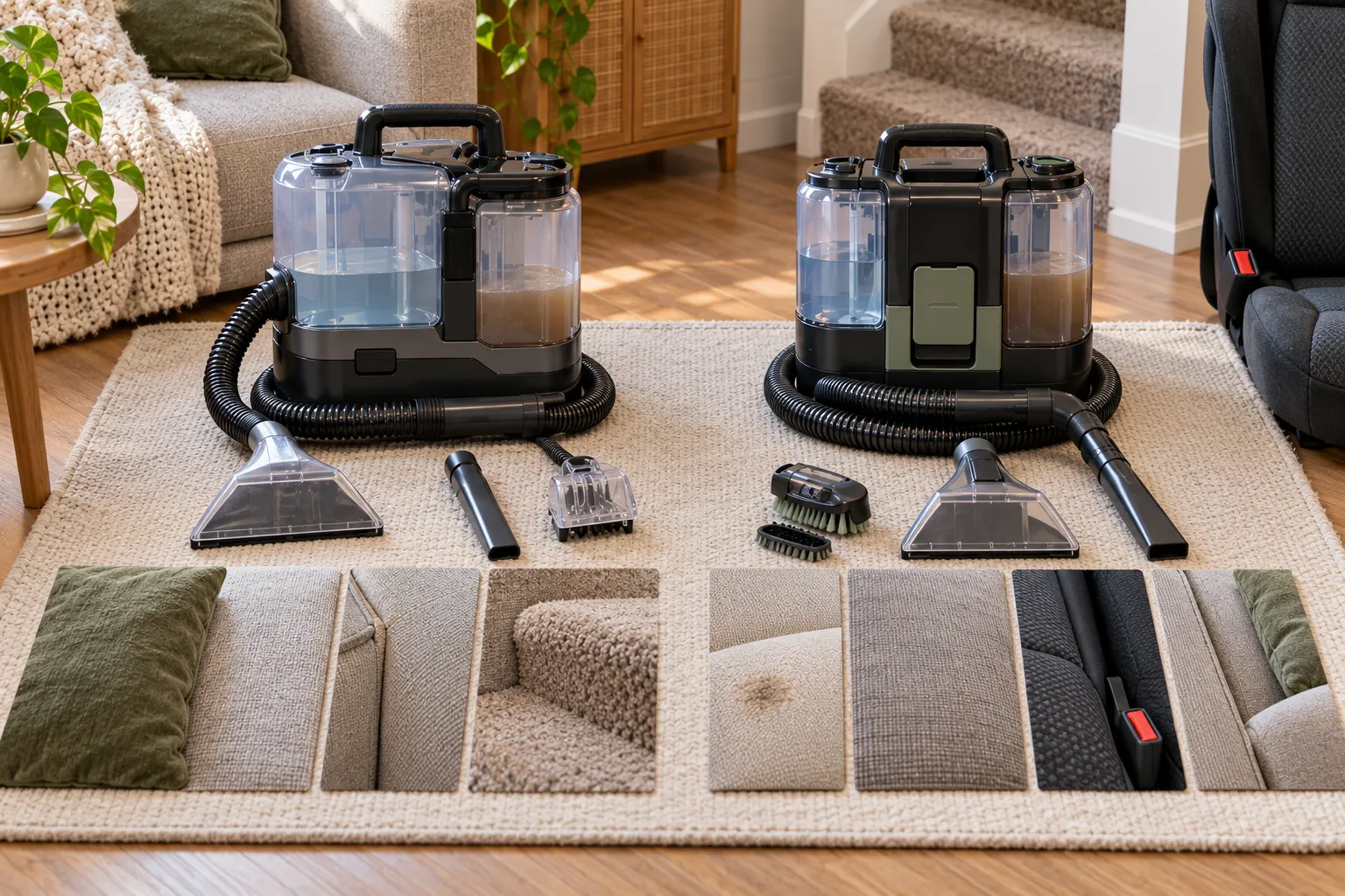 Portable spot-cleaner tools compared, including wide, tight-area, hose-rinse, reversible bristle, and crevice attachments beside upholstery, stair, rug, and vehicle fabric samples.