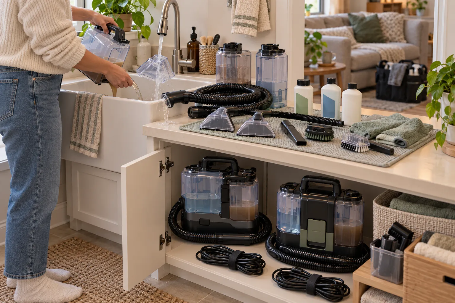 Adult renter emptying tanks, flushing one portable cleaner hose with a dedicated rinse tool, drying upholstery tools, organizing formulas, and preparing components for apartment storage.