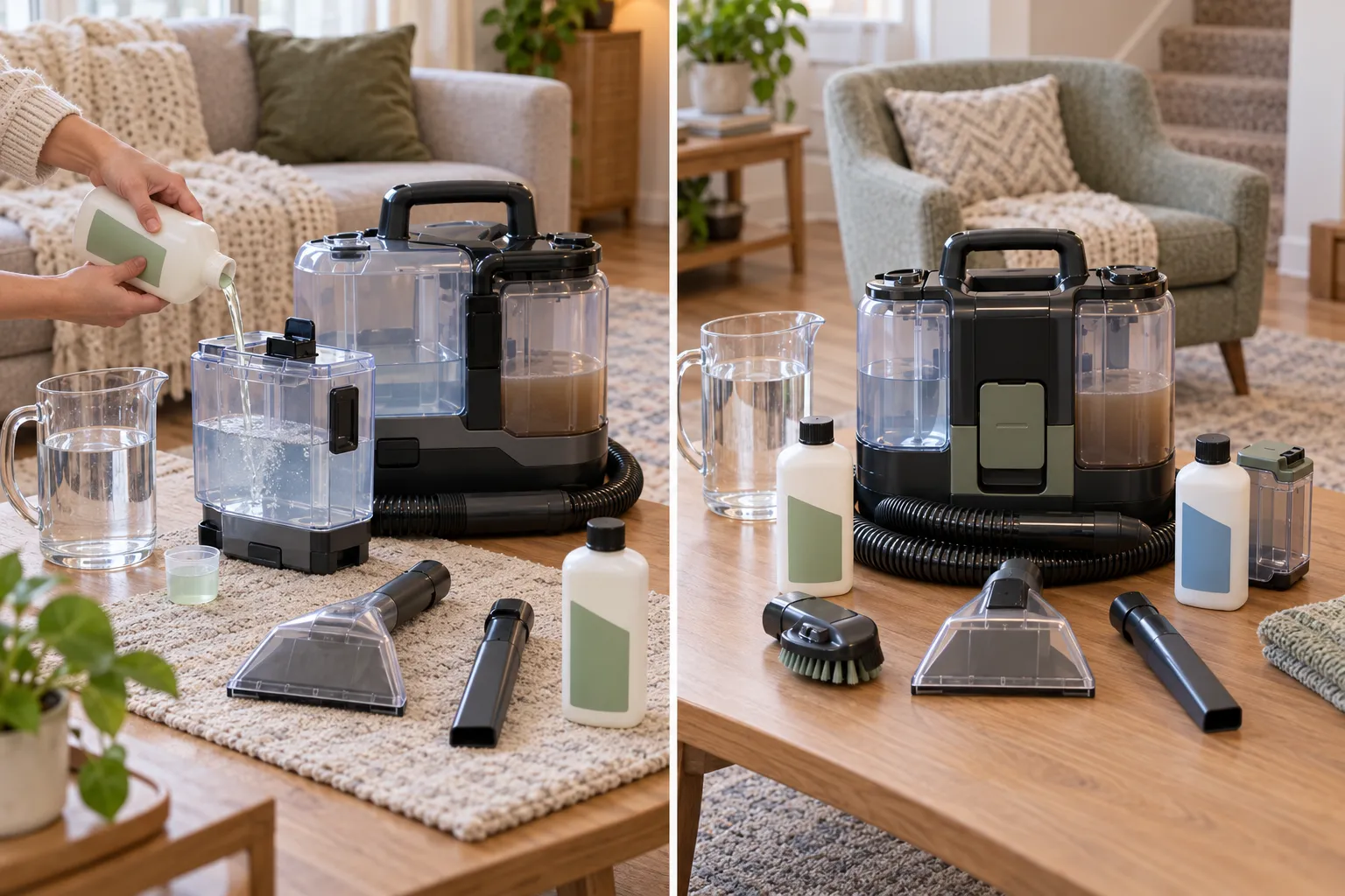 Portable spot-cleaner preparation routines comparing one water-and-solution tank with a separate dual-formula system using two dedicated formula paths.