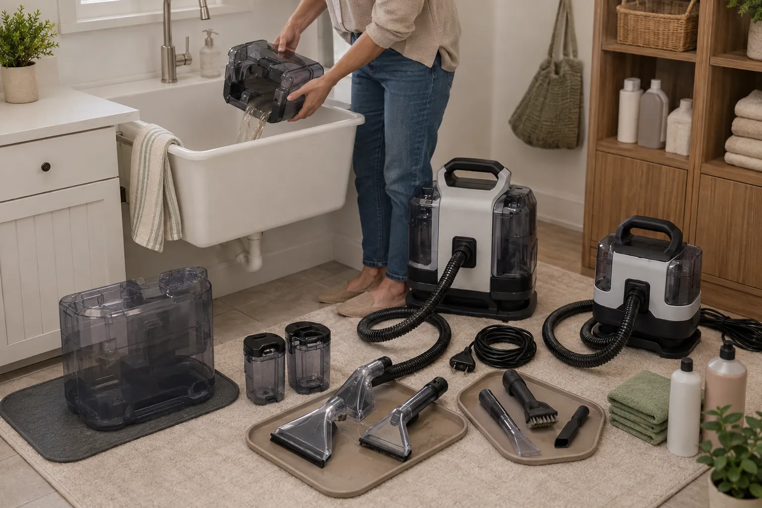Adult renter emptying, rinsing, drying, and storing portable spot-cleaner tanks, hoses, wide and narrow tools, cords, and cleaning formula in a small apartment.