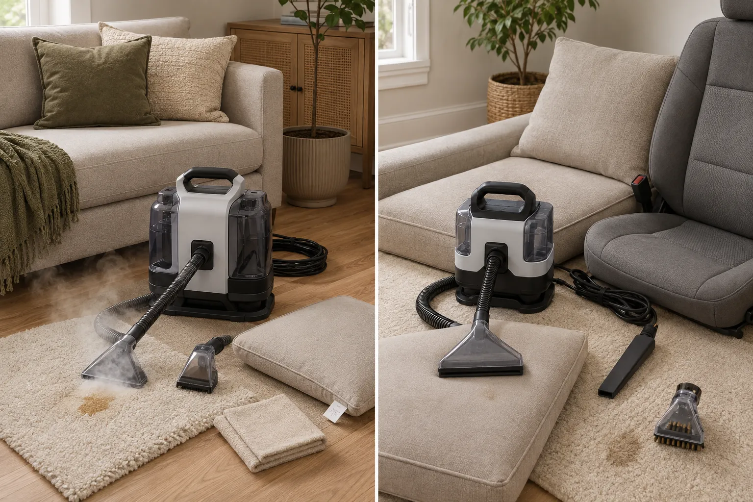 Side-by-side portable cleaning workflows showing controlled steam-assisted cleaning on compatible soft surfaces and wide, bristle, and crevice tools for localized upholstery jobs.