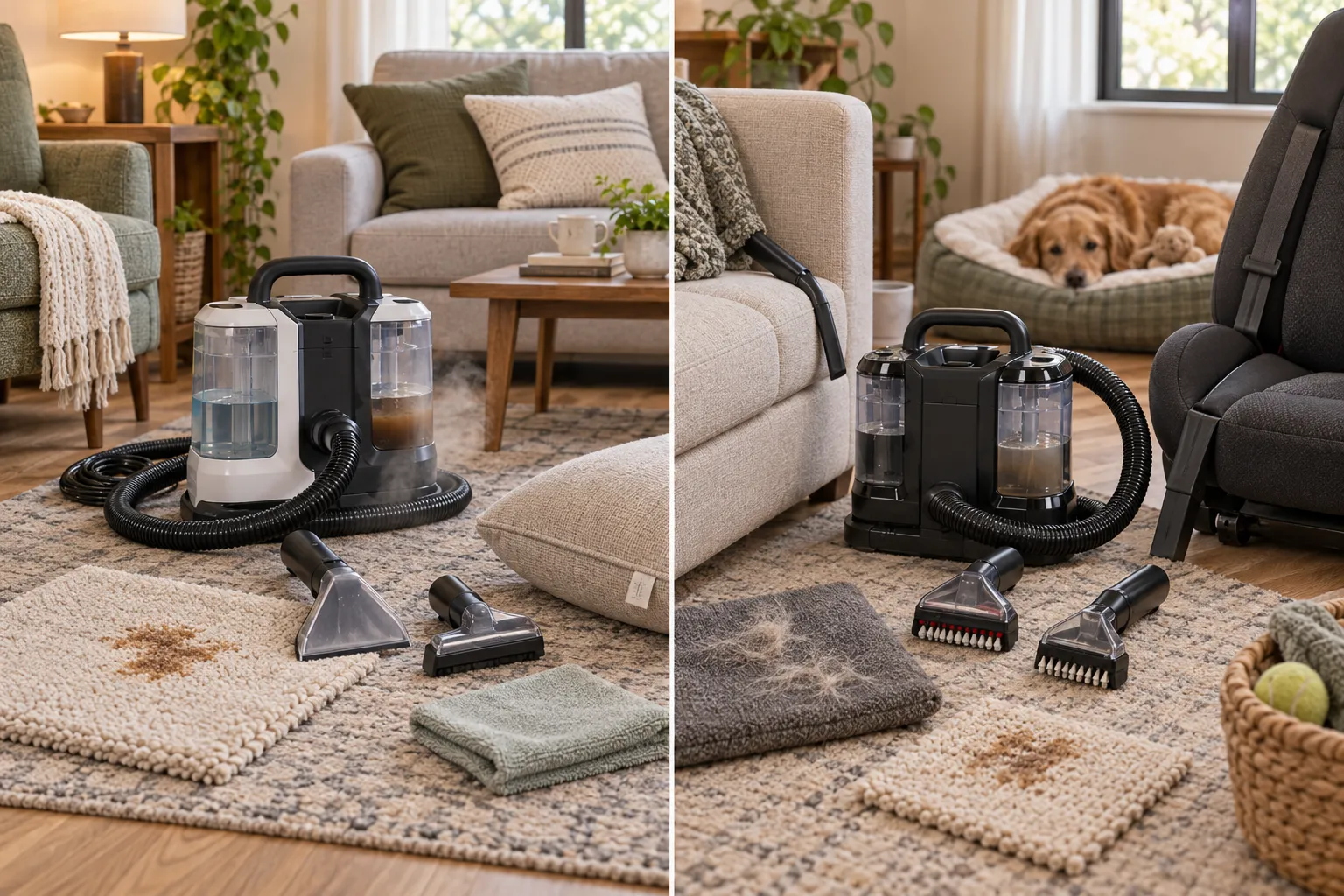 Side-by-side portable cleaning workflows showing controlled steam-assisted cleaning on compatible soft surfaces and wide, bristle, and crevice tools for localized upholstery jobs.